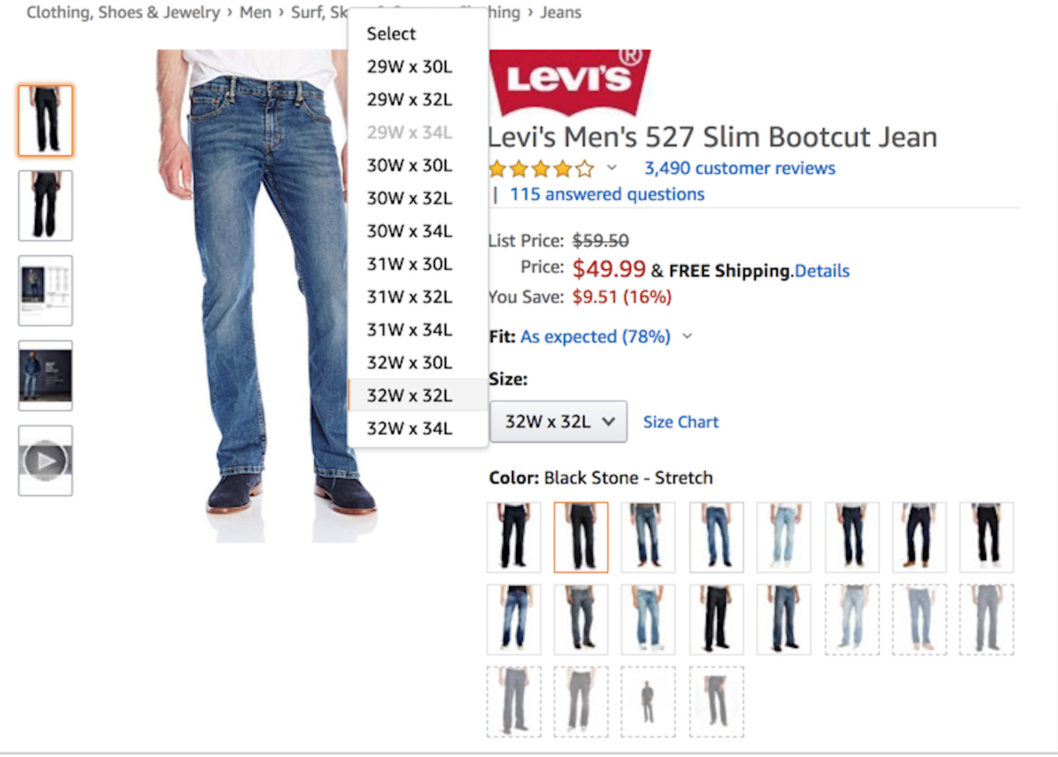 An example Product Landing Page on Amazon.com showcasing variation dimensions for a variation item